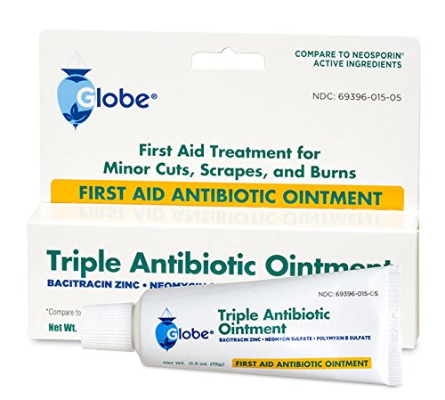 Globe Pharmacy label highlights neomycin, bacitracin and polymyxin ingredients.