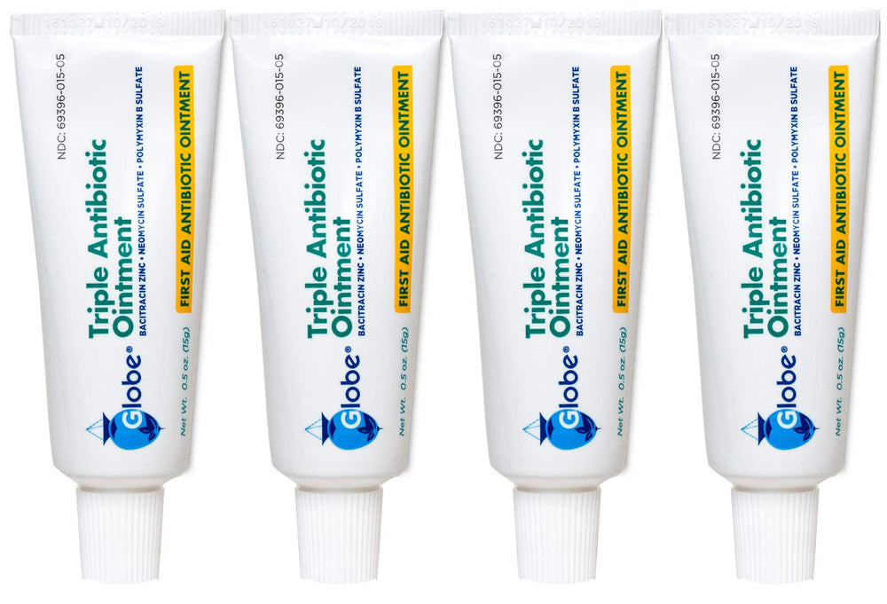 Globe Pharmacy triple antibiotic ointment tube close-up for minor wound care.