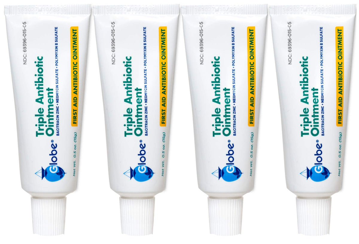 Globe Pharmacy triple antibiotic ointment tube close-up for minor wound care.
