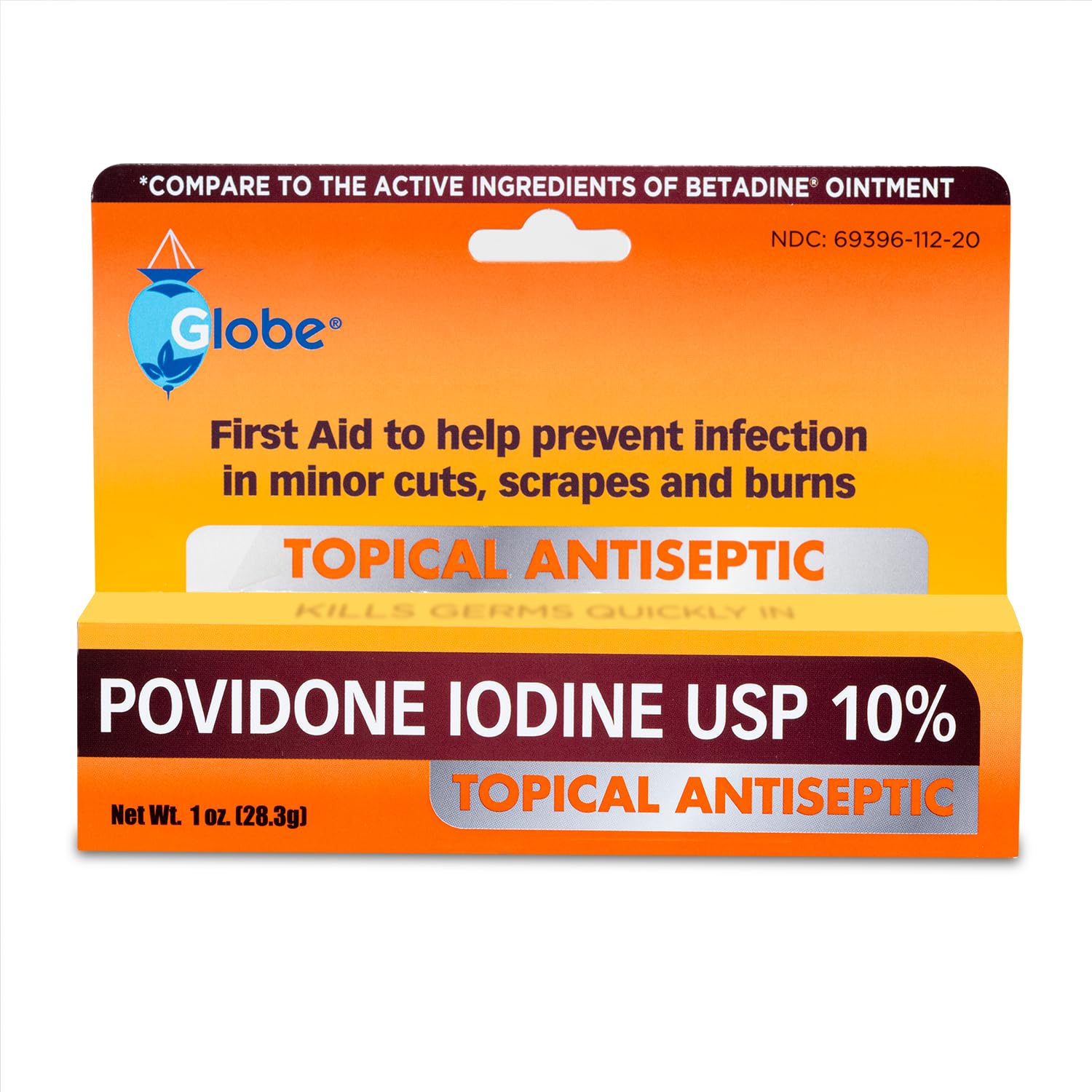 Globe Povidone Iodine 10% ointment dab on skin shows protective coverage.