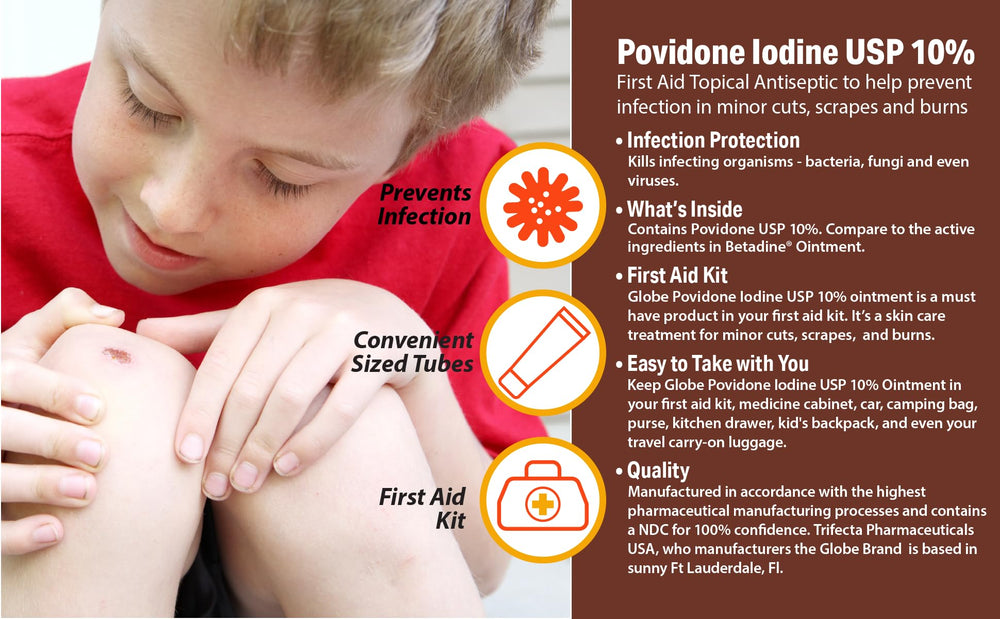Globe Povidone Iodine 10% ointment label details for safe use.