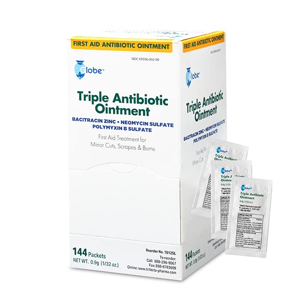 Globe triple antibiotic ointment 0.9g single packet for on-the-go wound care.