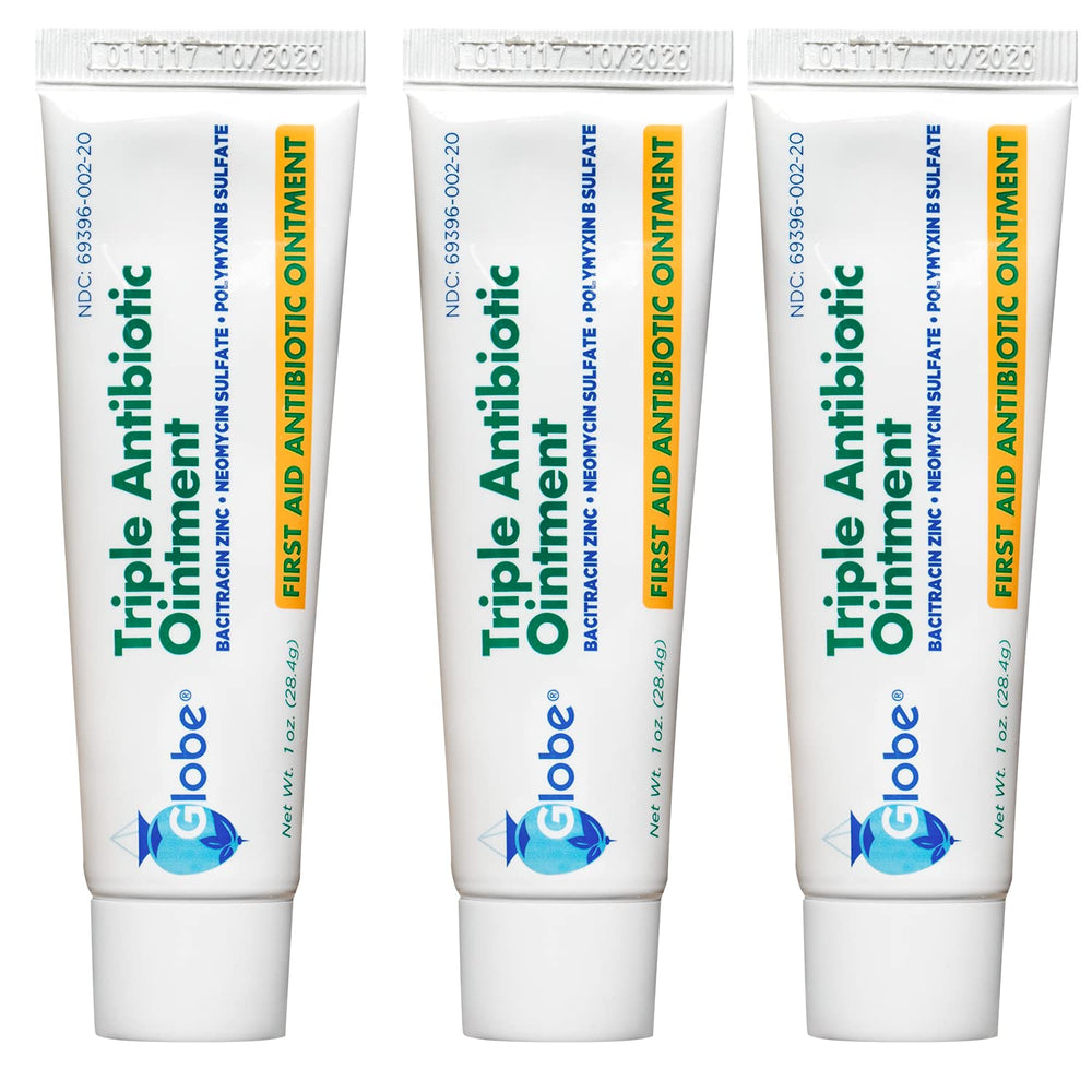 Globe Triple Antibiotic Ointment 3-pack tubes displayed for quick minor-scratch care