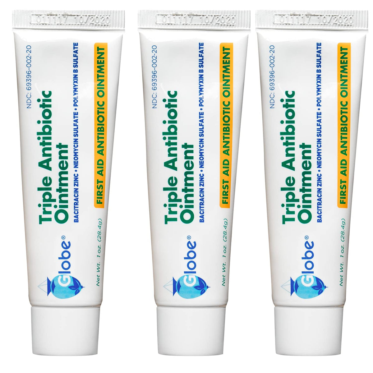 Globe Triple Antibiotic Ointment 3-pack tubes displayed for quick minor-scratch care