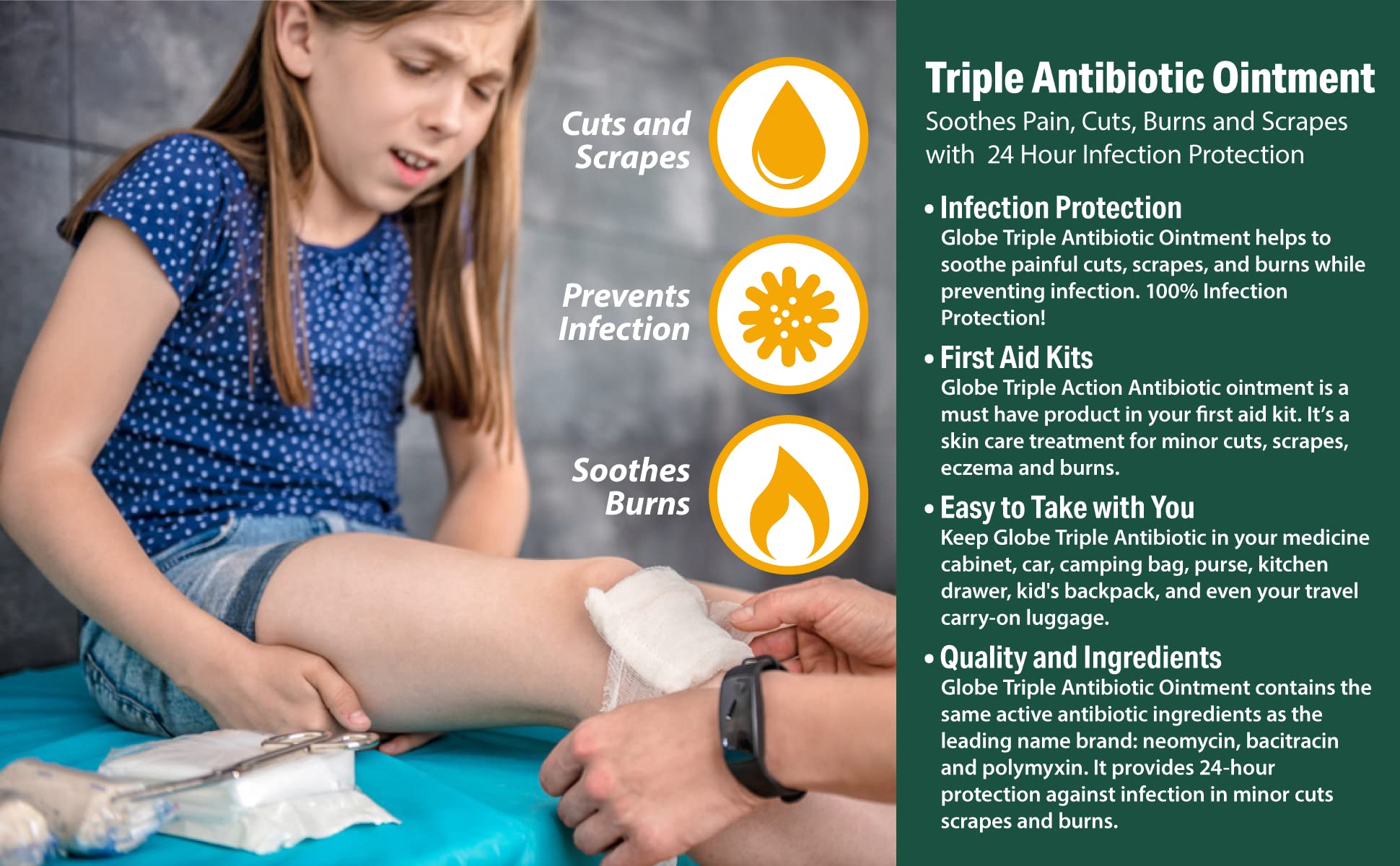 Applying Globe Triple Antibiotic Ointment on skin to protect a small scrape