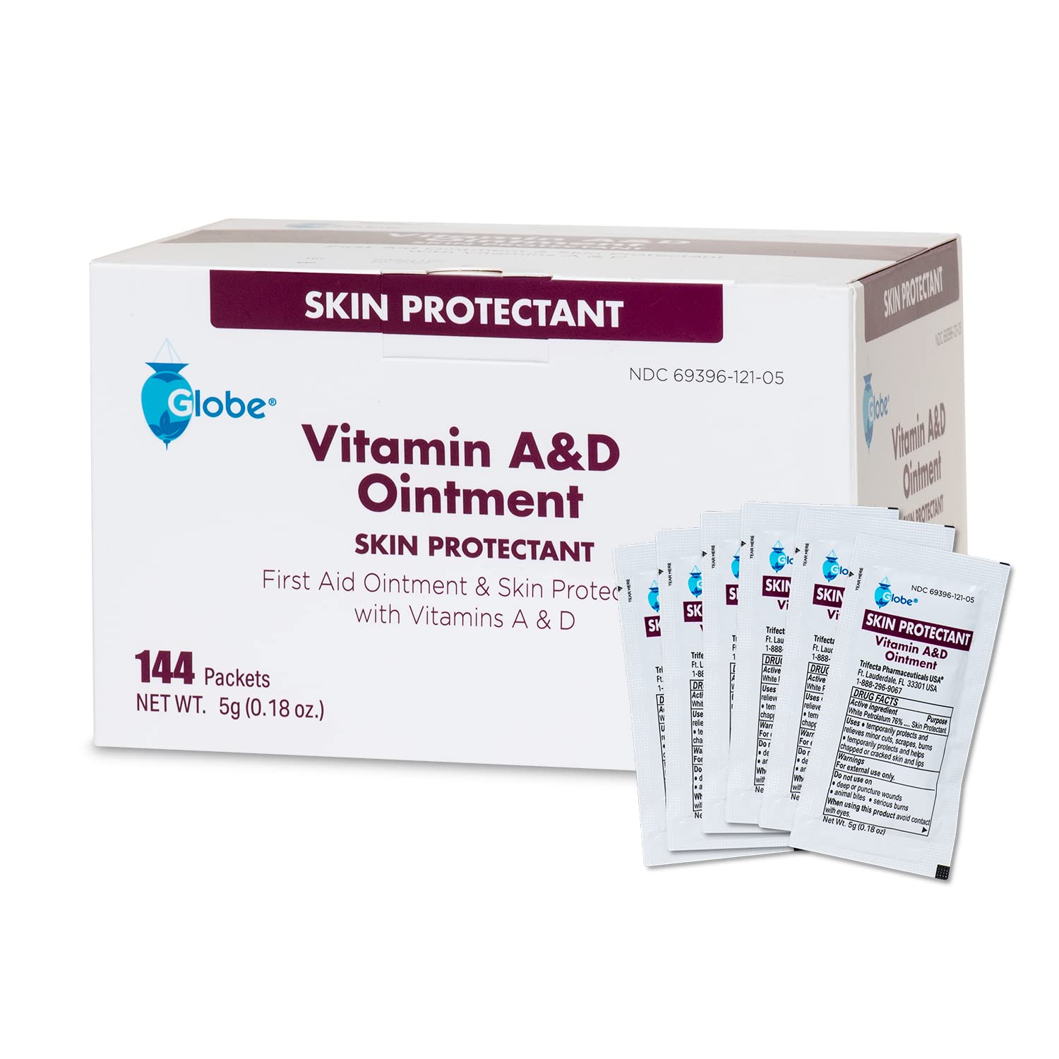 Globe Vitamin A&D Ointment packet box shows on-the-go skin protection for all ages