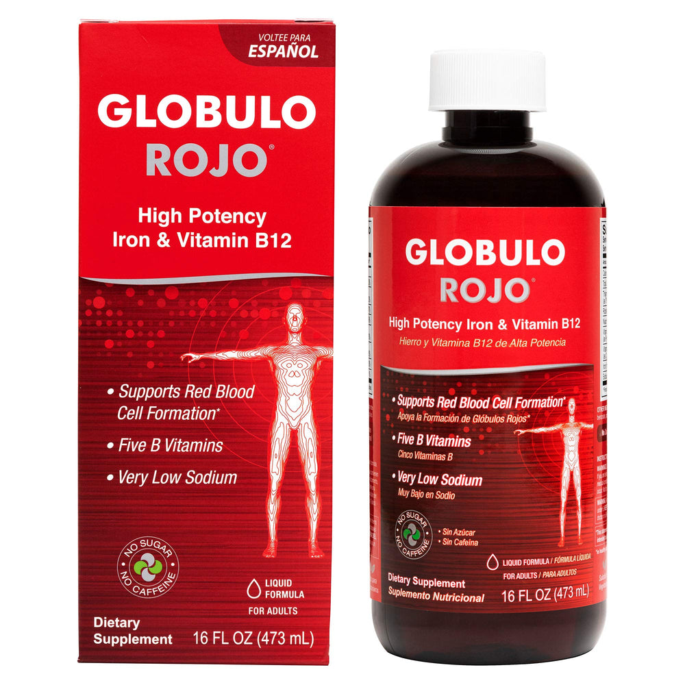 Globulo Rojo iron liquid bottle highlights high-potency iron for energy support.