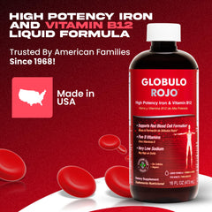 Globulo Rojo iron liquid with dropper demonstrates easy daily dosing.