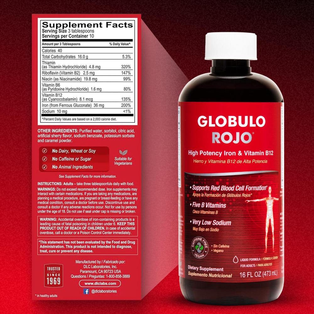 Globulo Rojo bottle illustrates USA-made quality control and testing.
