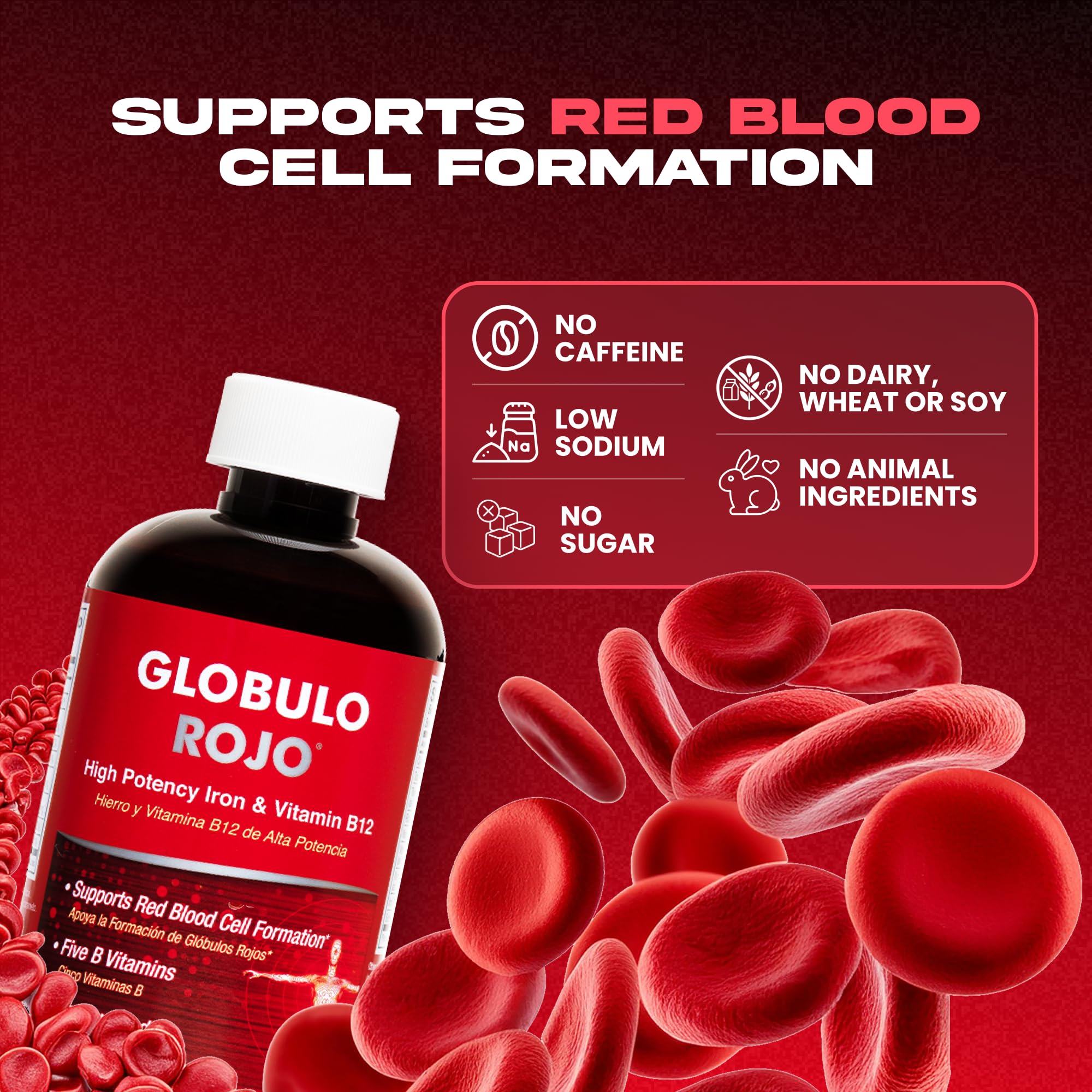 Globulo Rojo vegan iron with B12 label emphasizes plant-based nutrition.