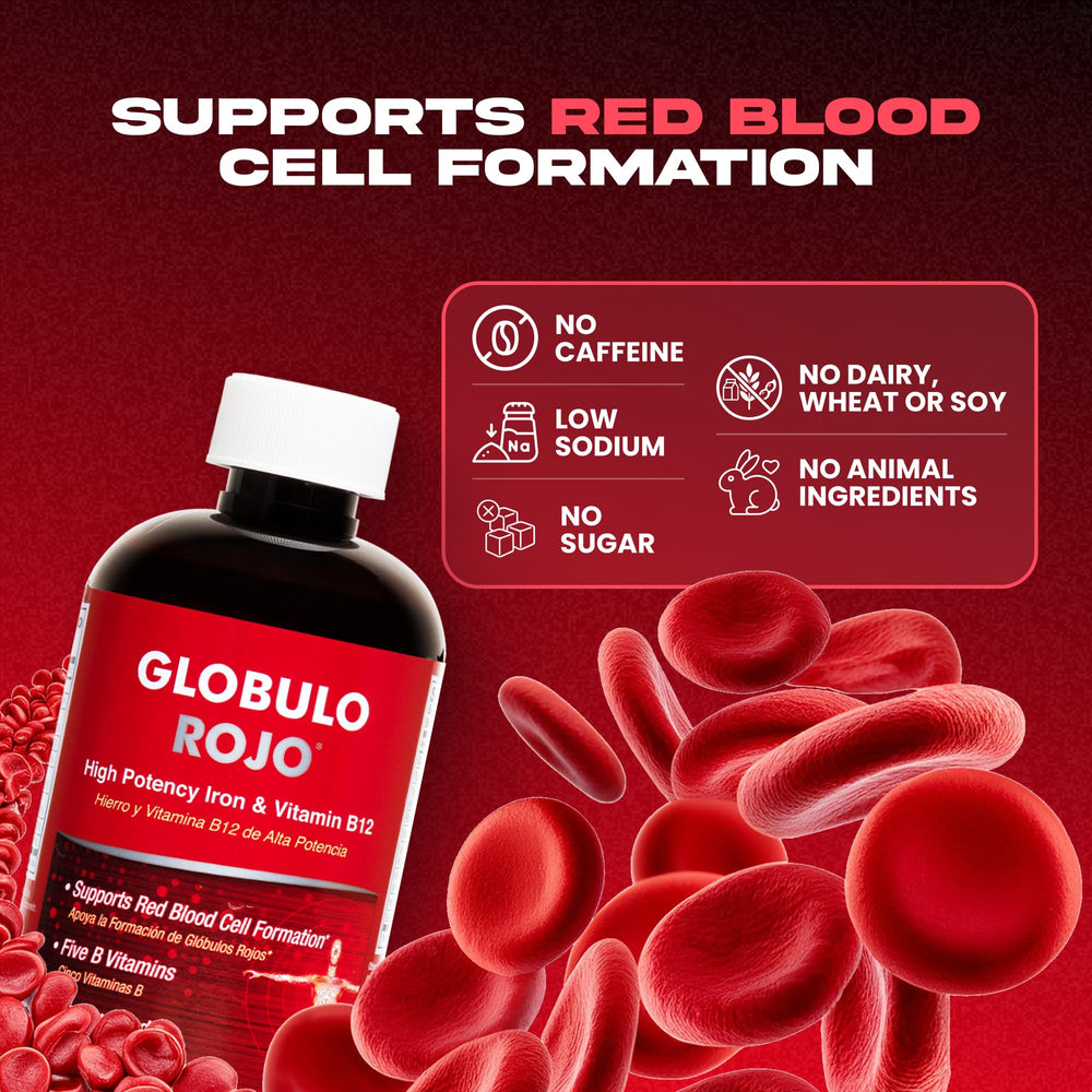 Globulo Rojo vegan iron with B12 label emphasizes plant-based nutrition.