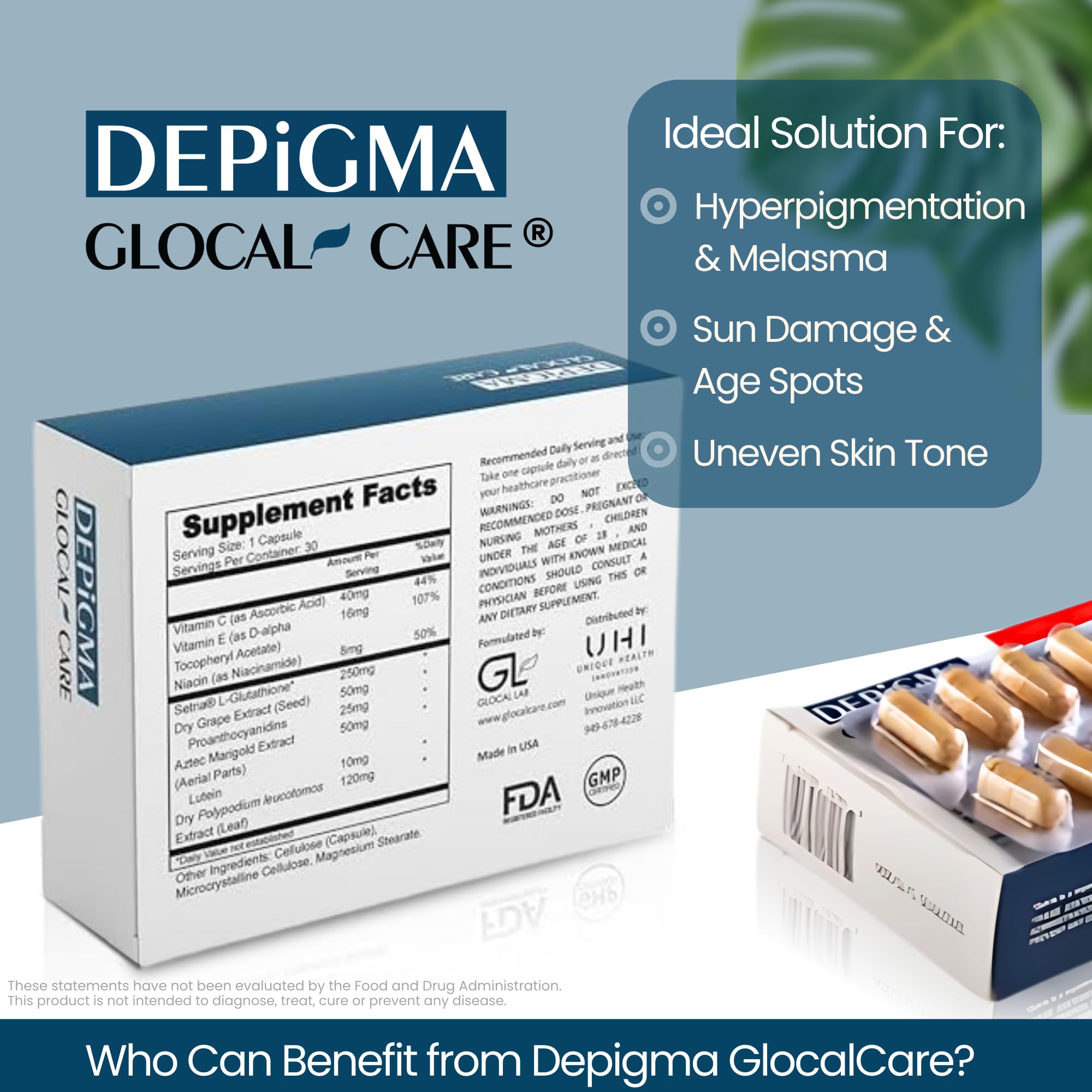 GlocalCare Depigma box packaging displayed for premium skincare supplement.