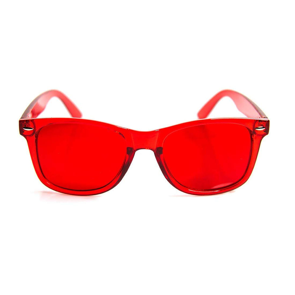 GloFX red color therapy glasses frames shown in wearable style.