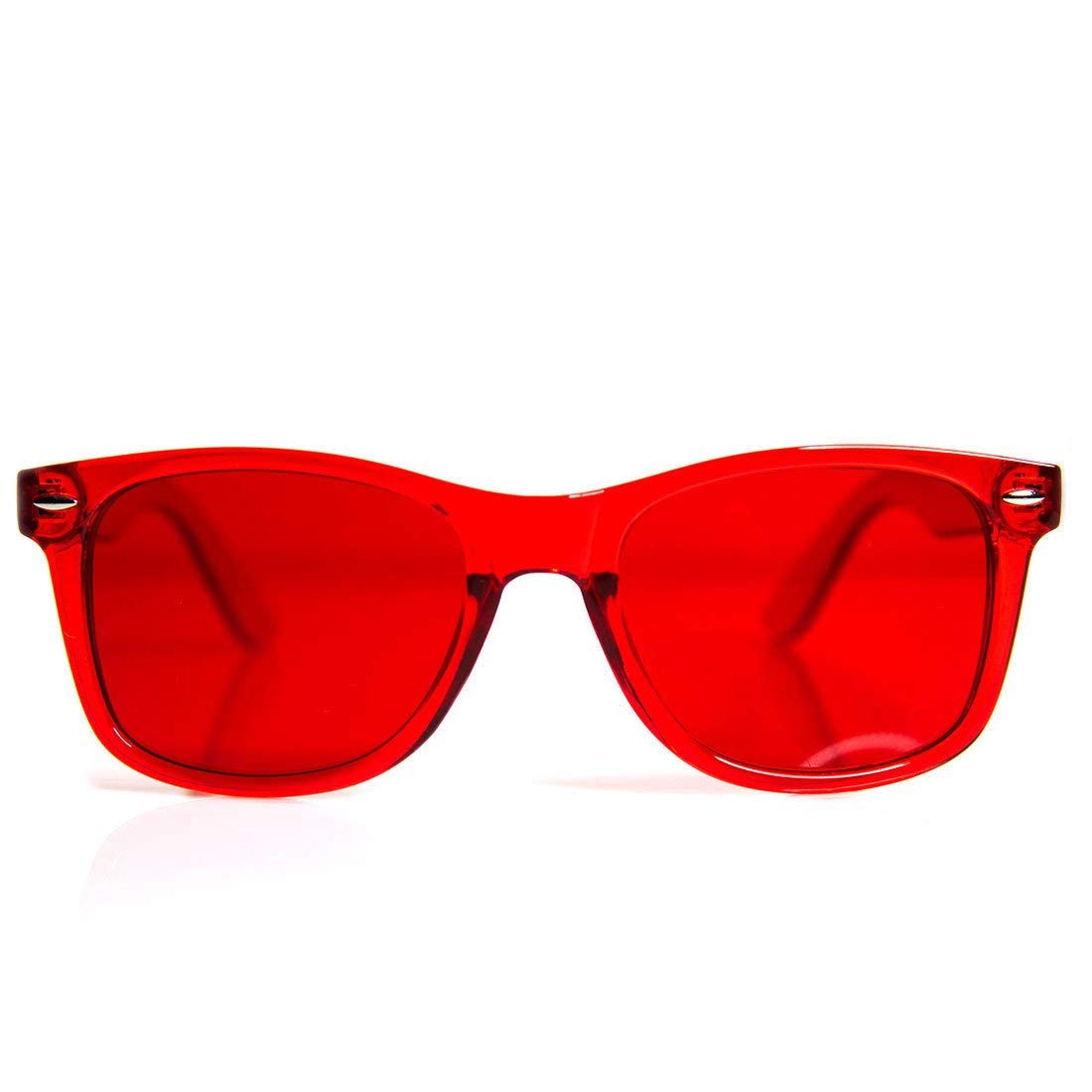 GloFX red color therapy glasses front view showing bold hue for energized focus.