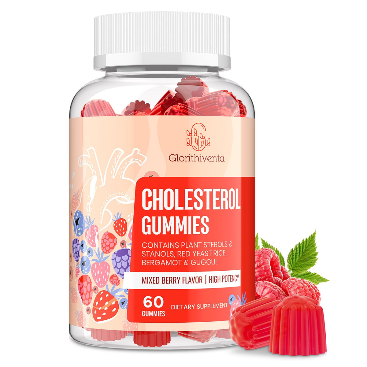 Glorithiventa cholesterol gummies bottle front with plant sterols for daily heart-support routine.