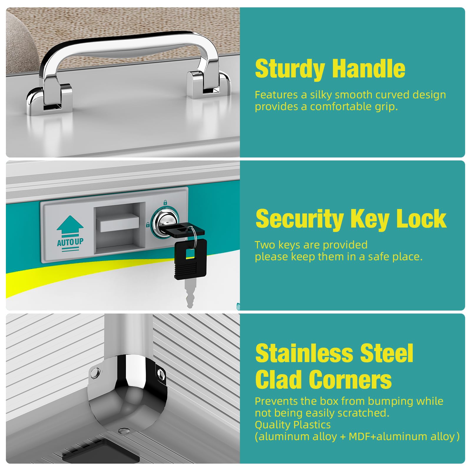Glosen lock box crash-proof corners protect contents and surfaces.