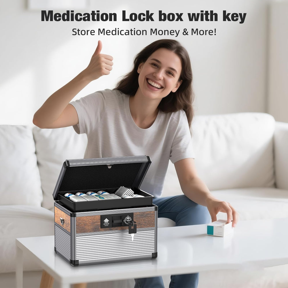 Glosen Medicine Lock Box measures 12x7.68x7.87 inches.