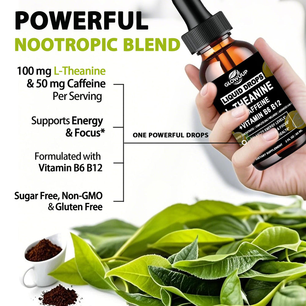 GLOVVUUP Theanine Caffeine liquid drops pour demonstrates quick top-up of alertness