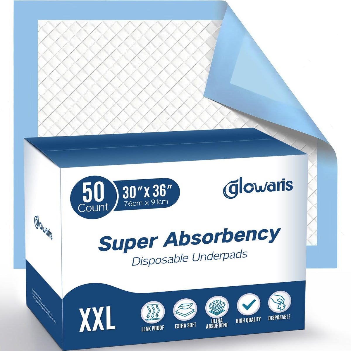 Glowaris XXL underpad with waterproof backing for leak prevention and dry surfaces.