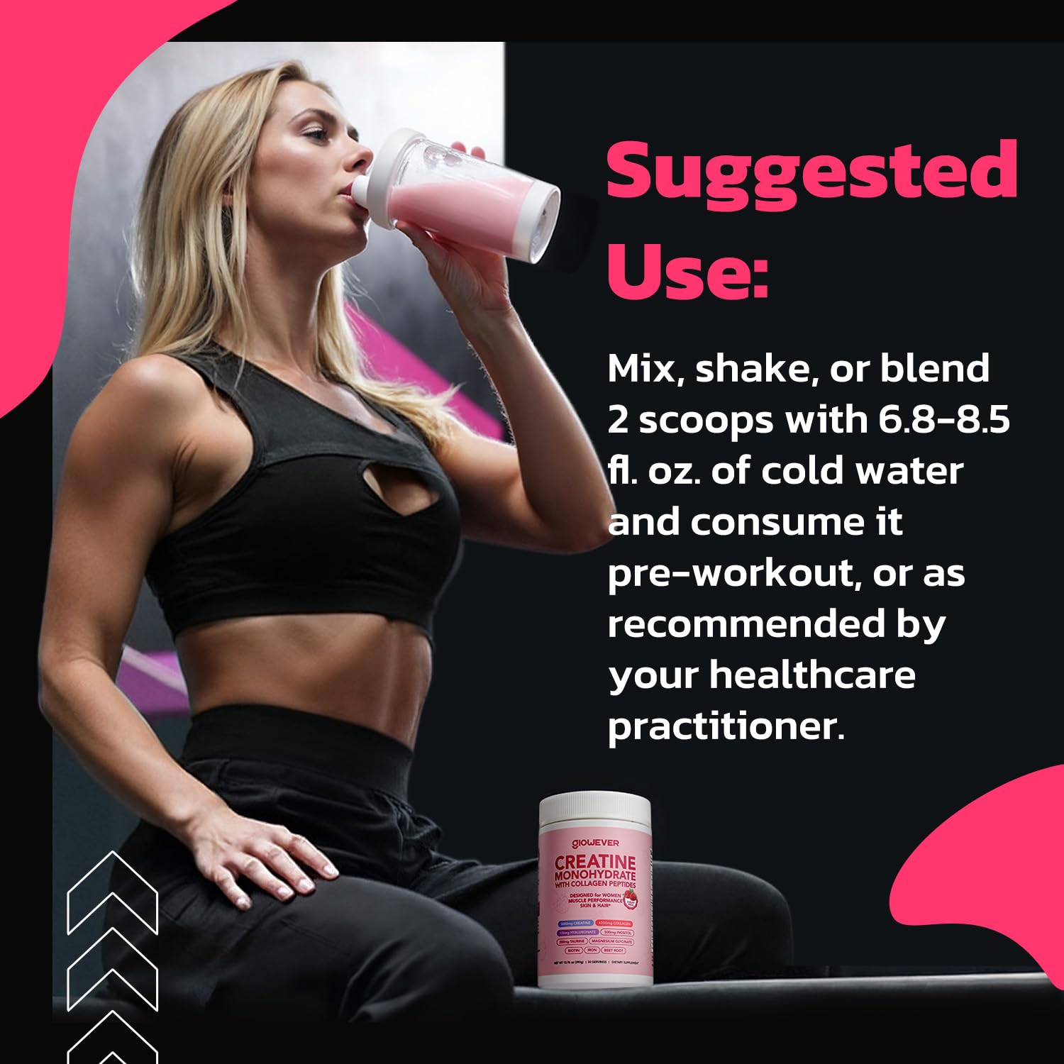 GlowEver Creatine for Women product jar and label close-up on packaging