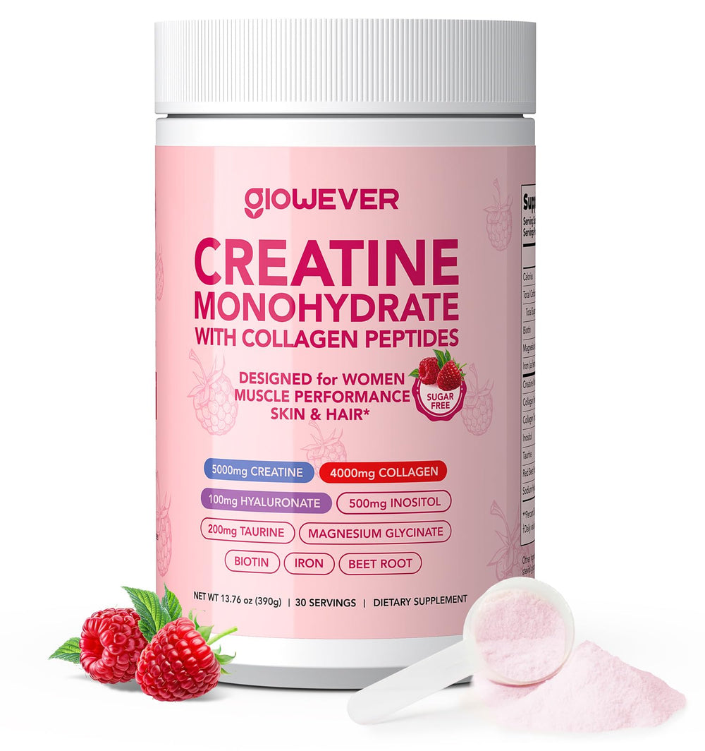 GlowEver Creatine for Women raspberry powder ready to mix for a refreshing workout drink