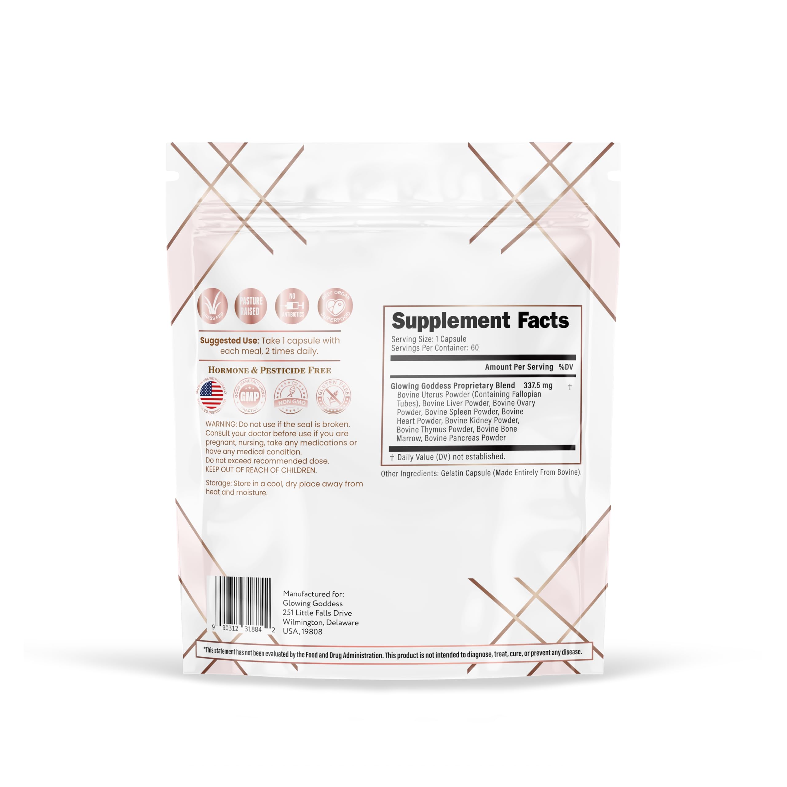 Glowing Goddess beef organ supplement label view showing grass-fed ingredients