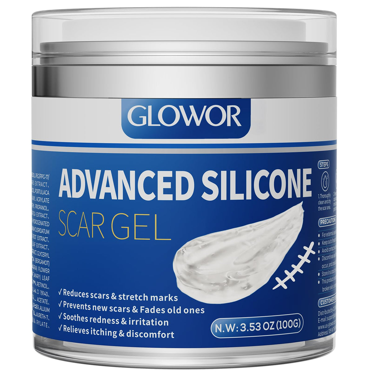 Glowor Advanced Silicone Scar Gel bottle for facial scar care.