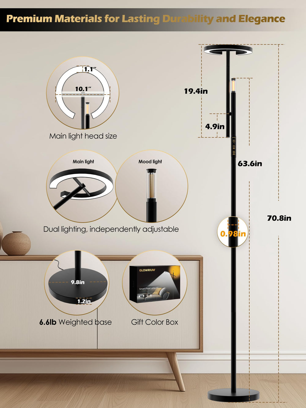 GLOWRIUM stable base and sleek black design for any room
