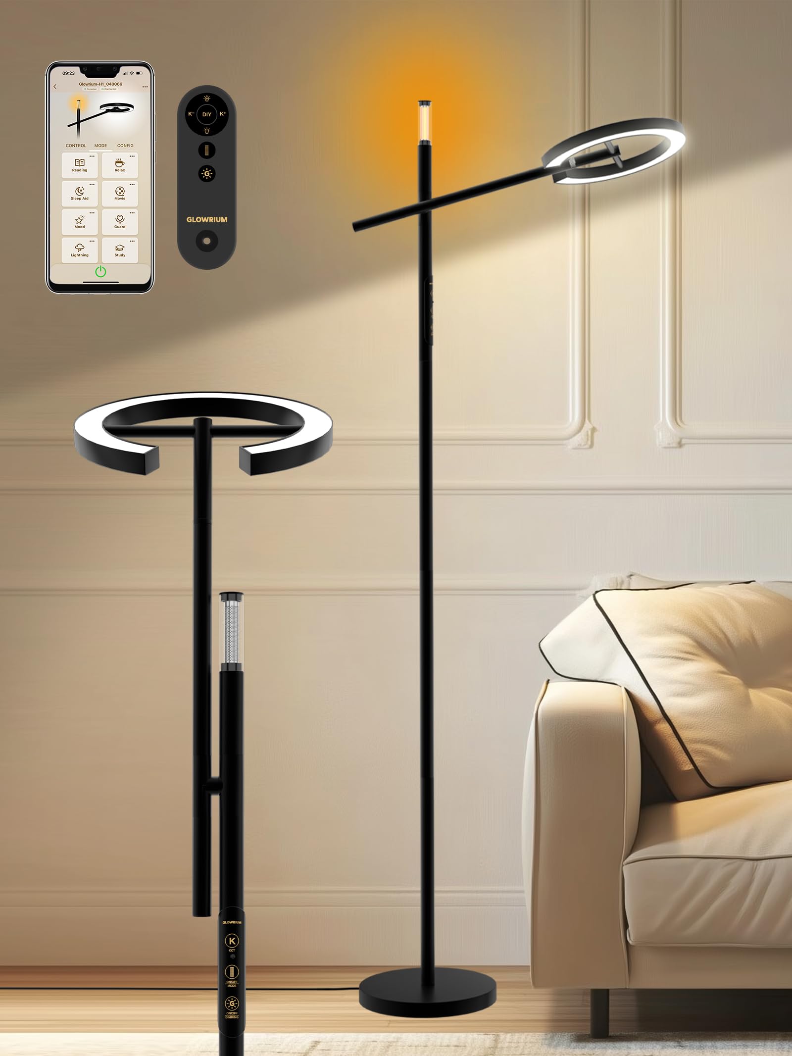 GLOWRIUM Light Therapy Lamp front view showing 10000 lux daylight illumination