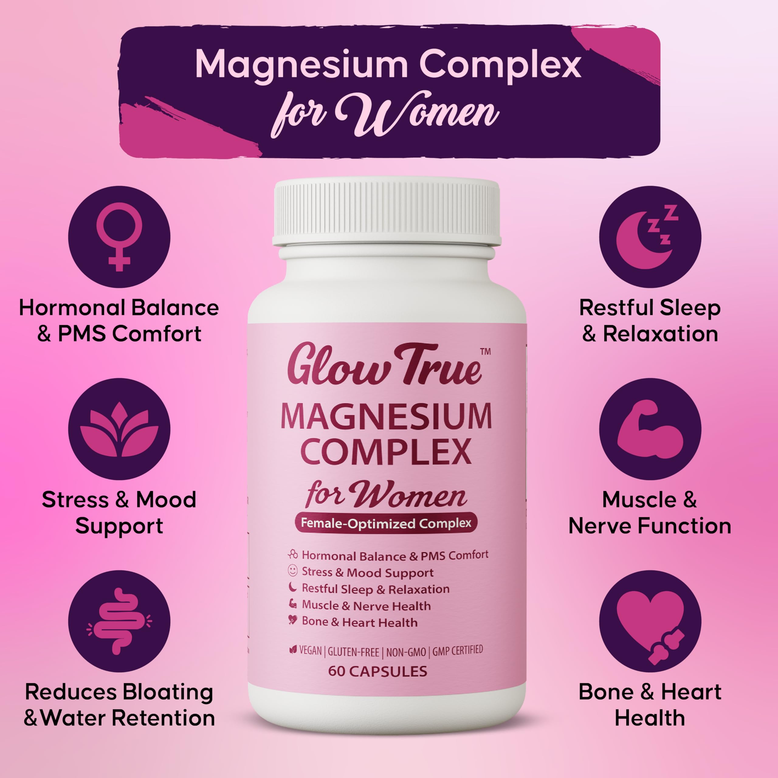 GlowTrue capsules close-up emphasizing vegan non-GMO formula for daily wellness