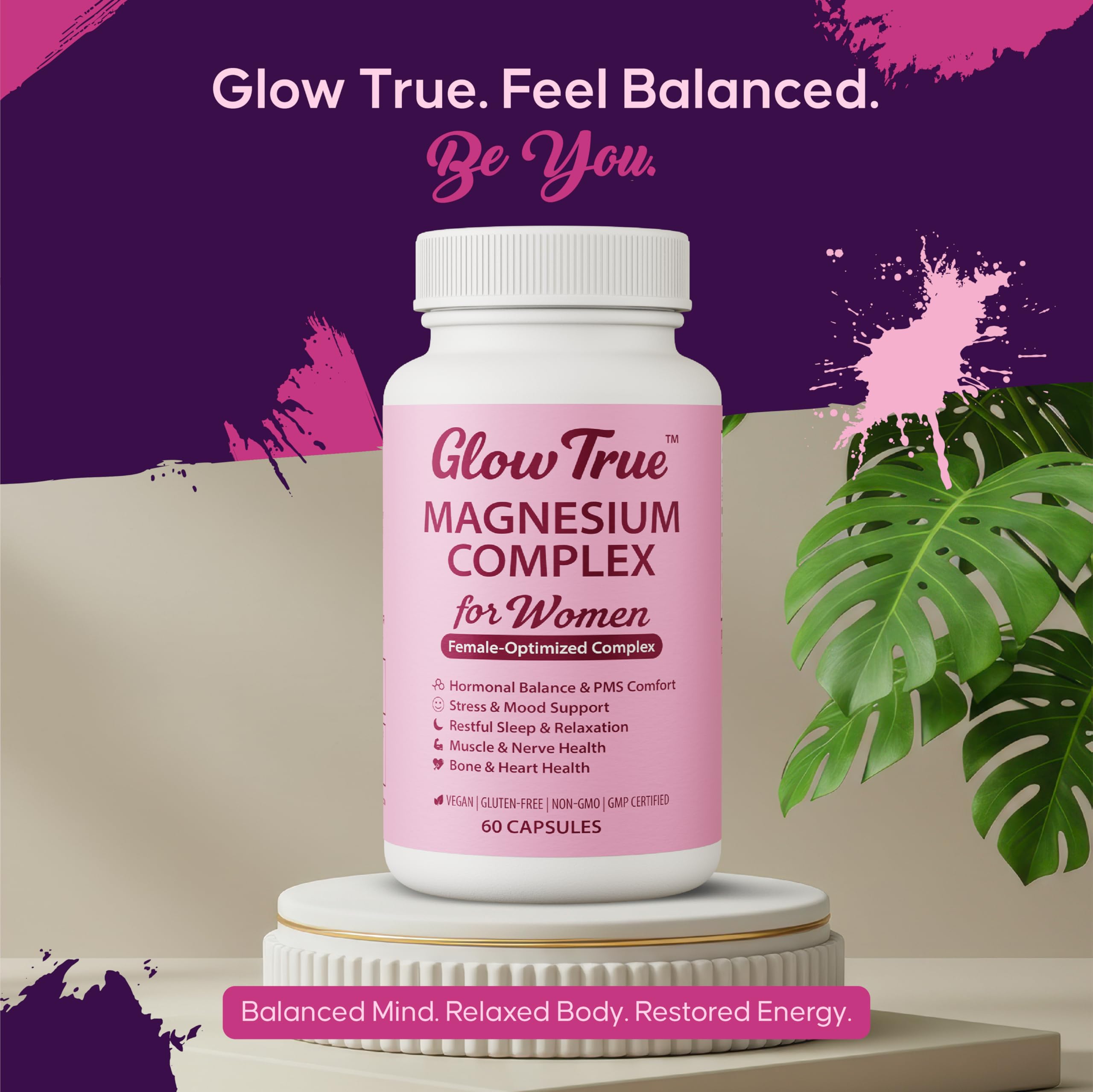 GMP-certified facility label under GlowTrue Magnesium Complex packaging