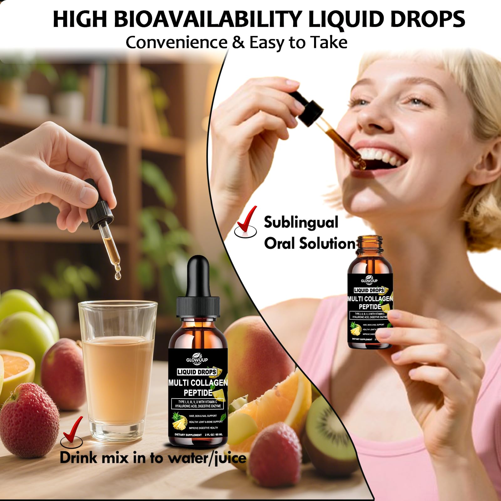 GlowUUP beauty-focused drops image showing hair, skin, and nails benefits