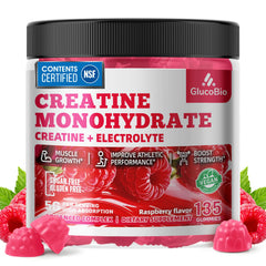 GlucoBio creatine gummies bottle shows 135-count supply for convenient workouts.