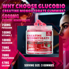 GlucoBio creatine gummies serving highlights easy three-gummy portions for on-the-go use.