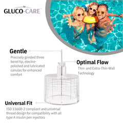 GLUCO-CARE pen tips 32G-8mm sterile tips with safety seal shown for secure storage