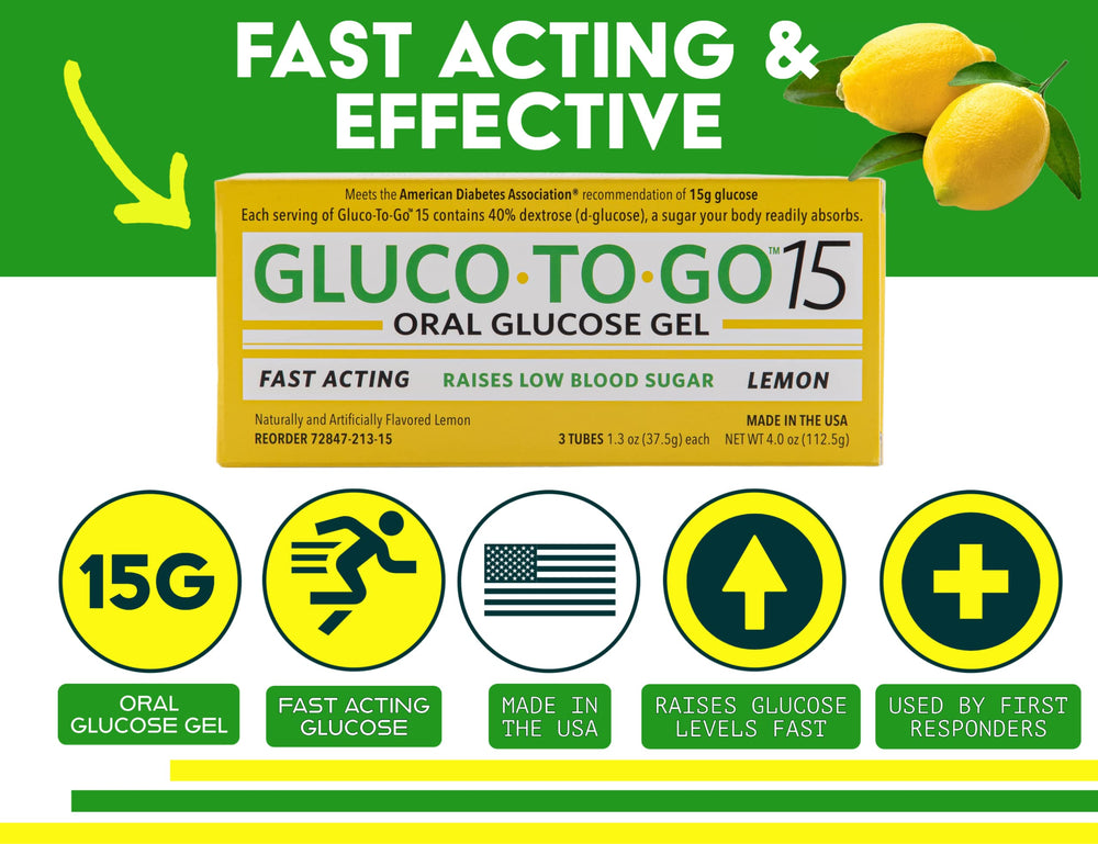 Gluco To Go lemon gel packaging view showing compact three-tube pack