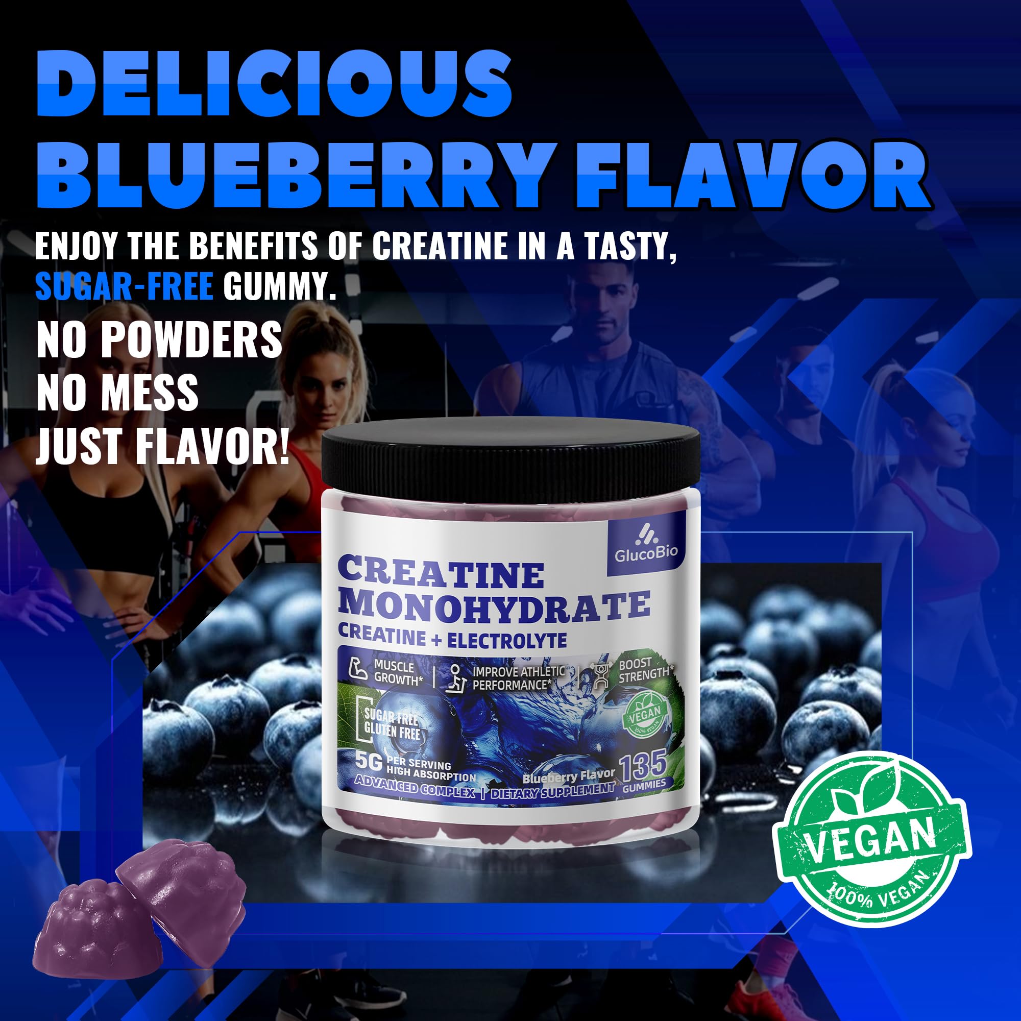 GlucoBio blueberry electrolyte gummies serving three gummies for easy dosing.