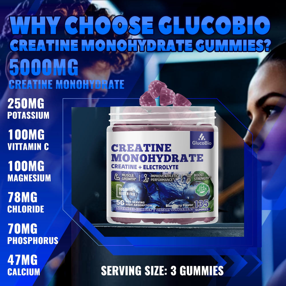 GlucoBio creatine monohydrate gummies bottle back label with serving details.