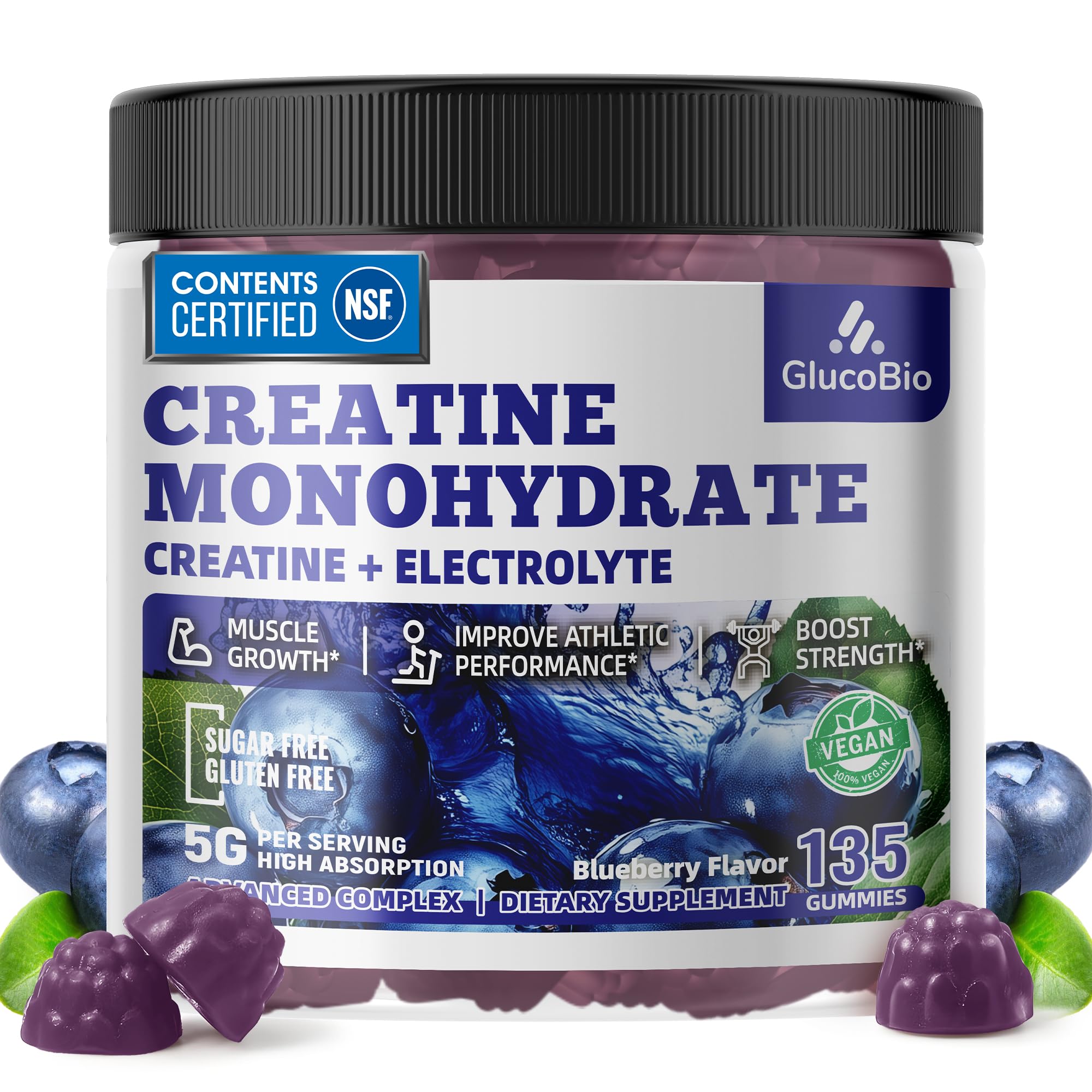GlucoBio creatine monohydrate gummies bottle front, vegan and sugar-free, for convenient workouts.