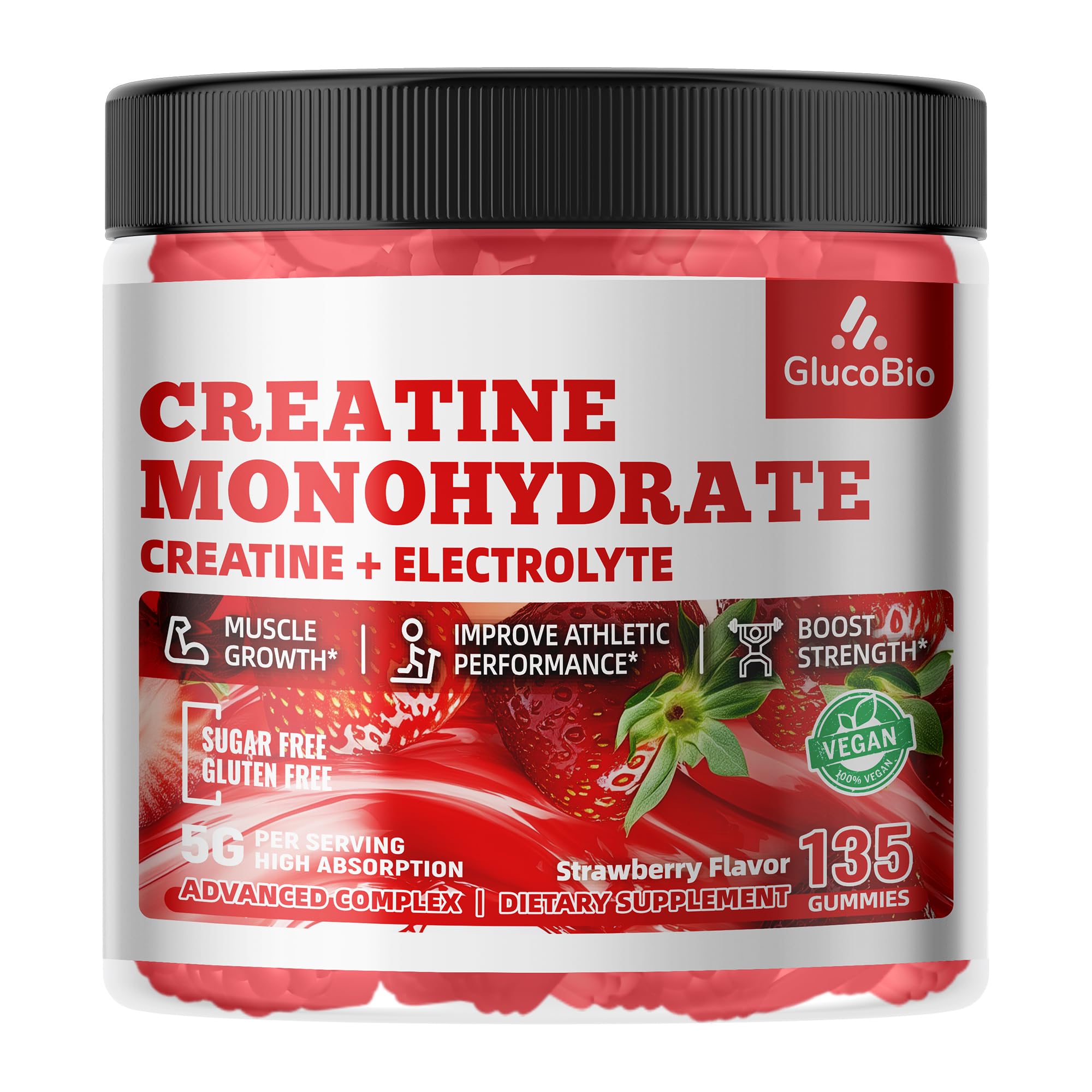 GlucoBio Creatine Monohydrate Gummies bottle shown for convenient pre-workout energy.