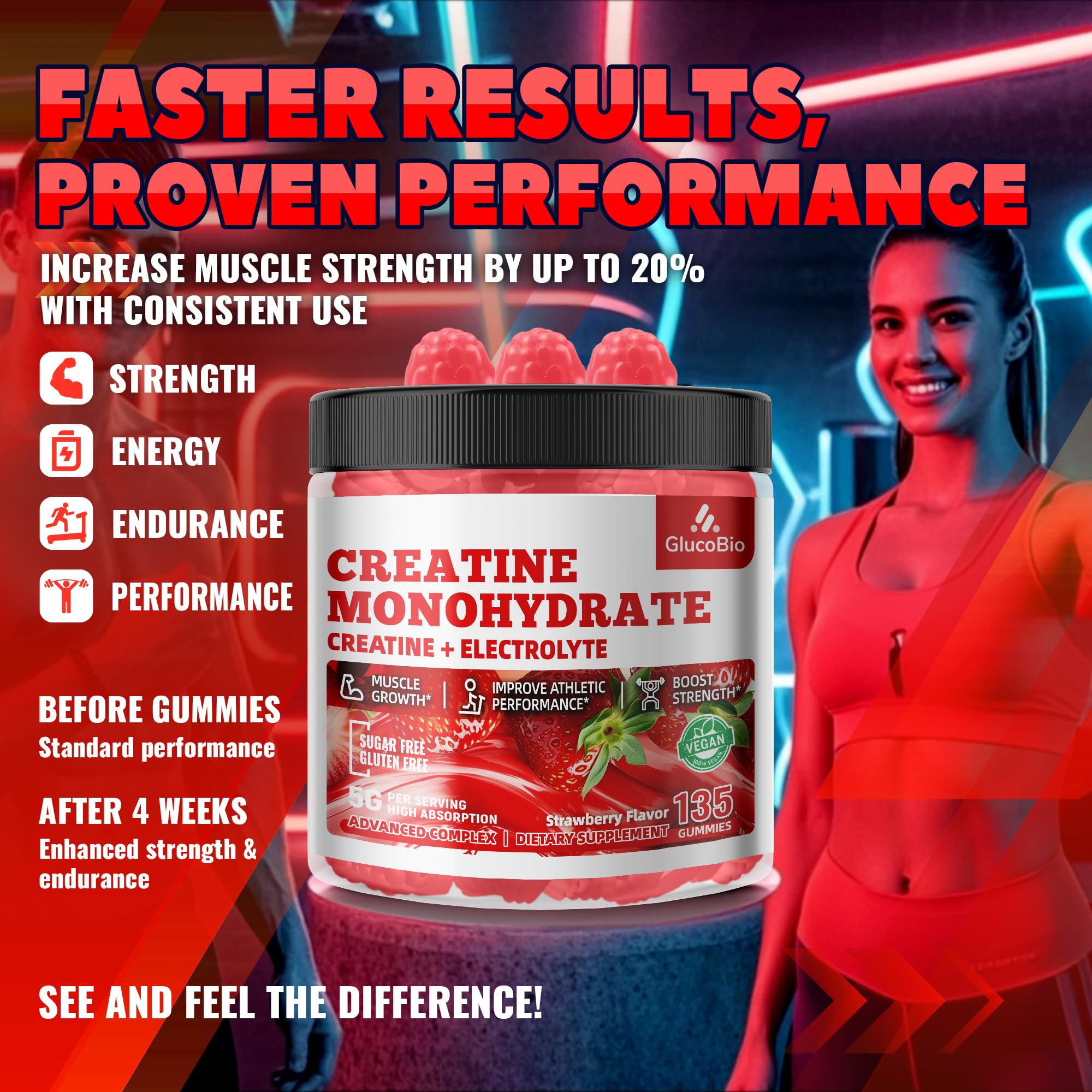 GlucoBio Creatine Monohydrate Gummies in a gym bag for post-workout convenience.