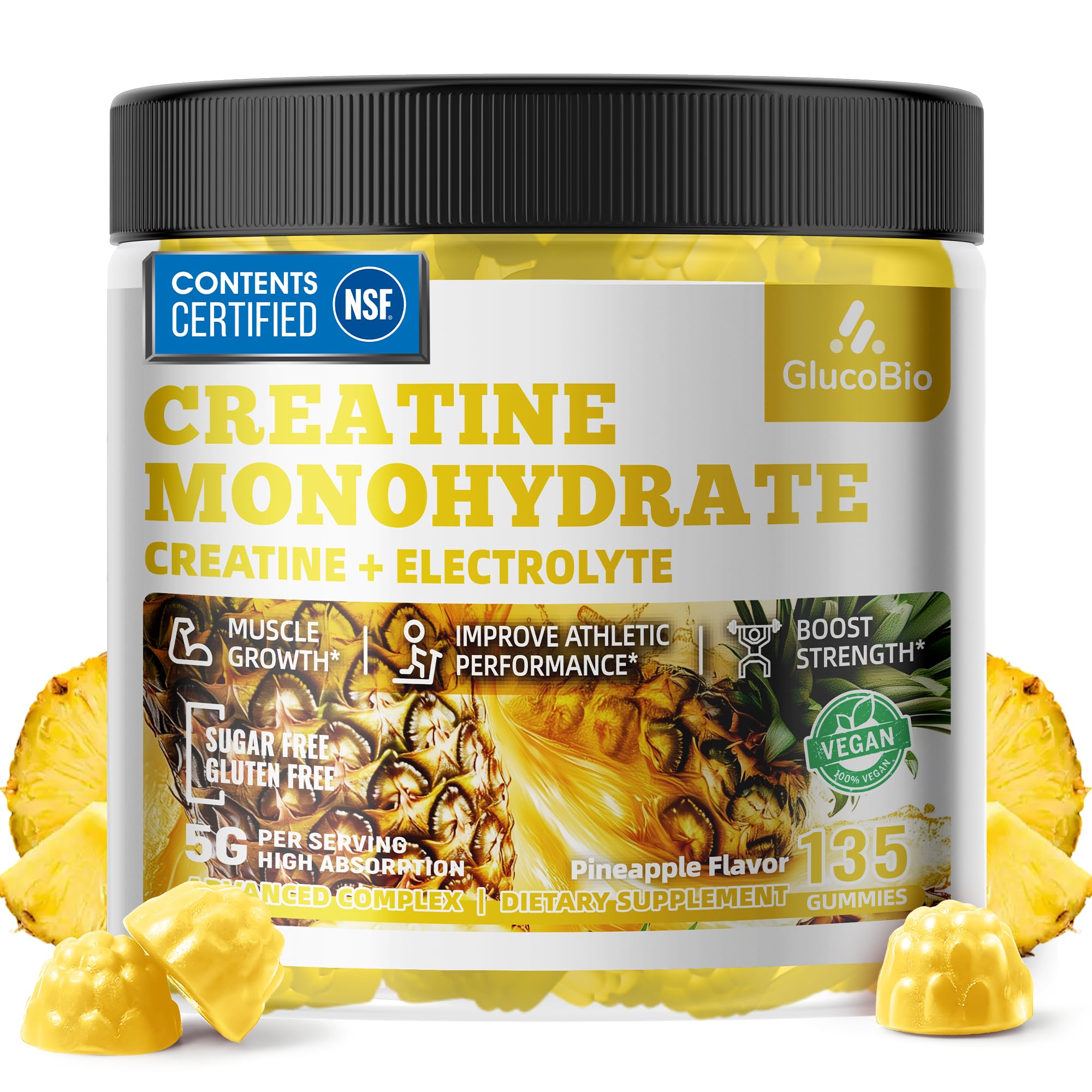 GlucoBio creatine gummies pineapple bottle ready for workouts, convenient energy on the go