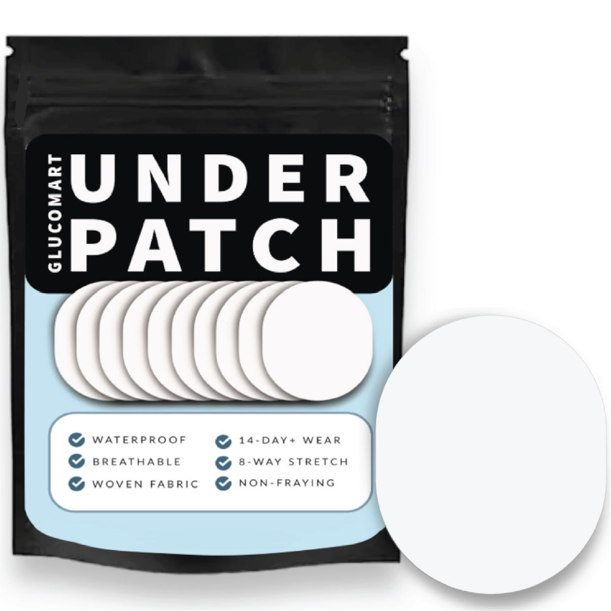 Glucomart underpatch applied to skin for CGM barrier and comfort.
