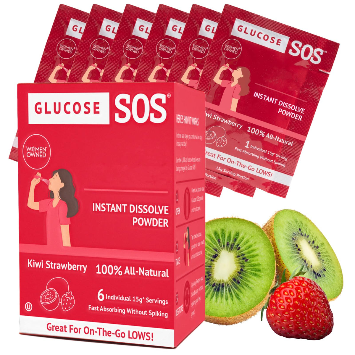 Glucose SOS kiwi-strawberry packet front, portable energy on the go.