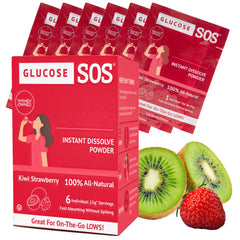 Glucose SOS kiwi-strawberry packet front, portable energy on the go.