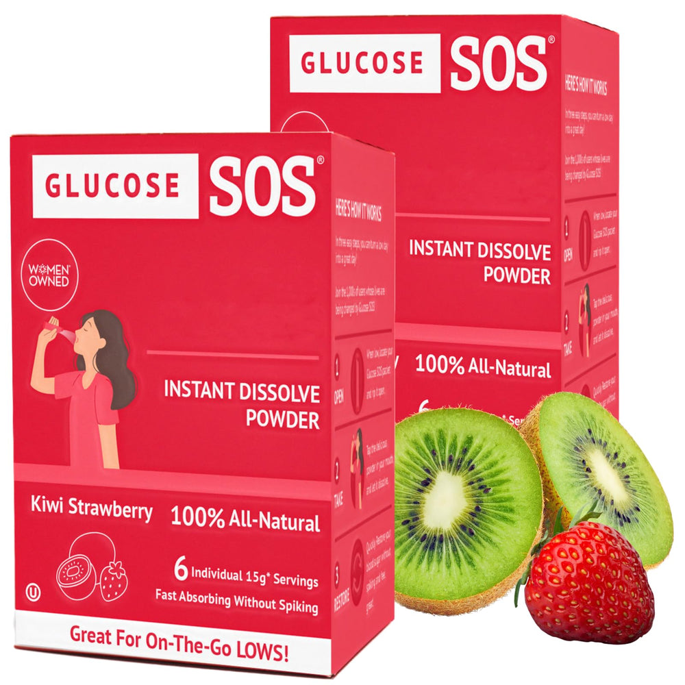 Glucose SOS kiwi-strawberry packets for quick, portable energy on the go.