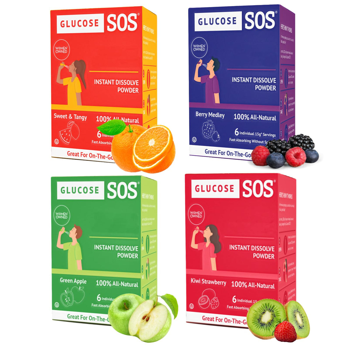 Glucose SOS packets dissolving in the mouth for quick energy.