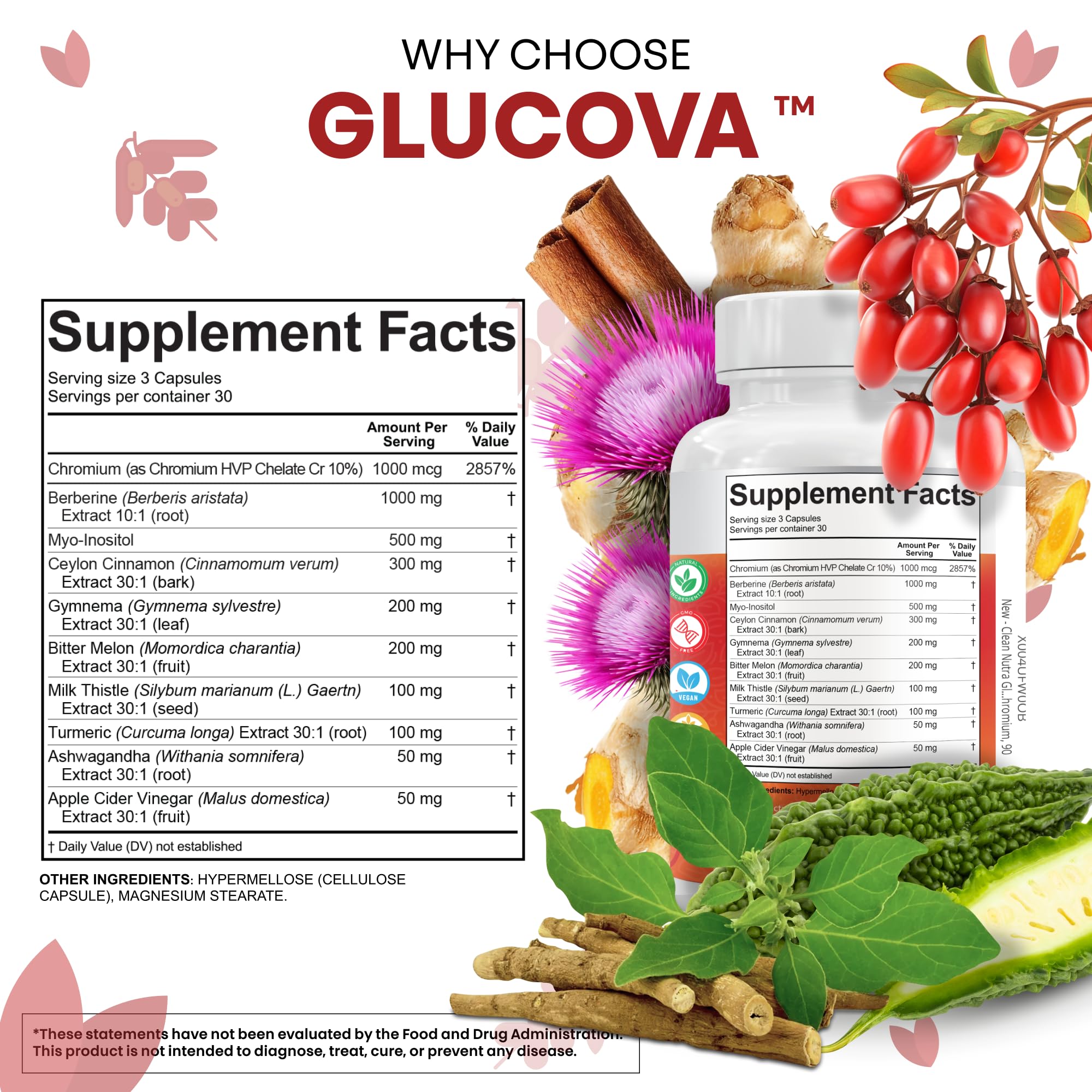 Clean Nutra Glucova capsules pour illustrating easy daily dosing.