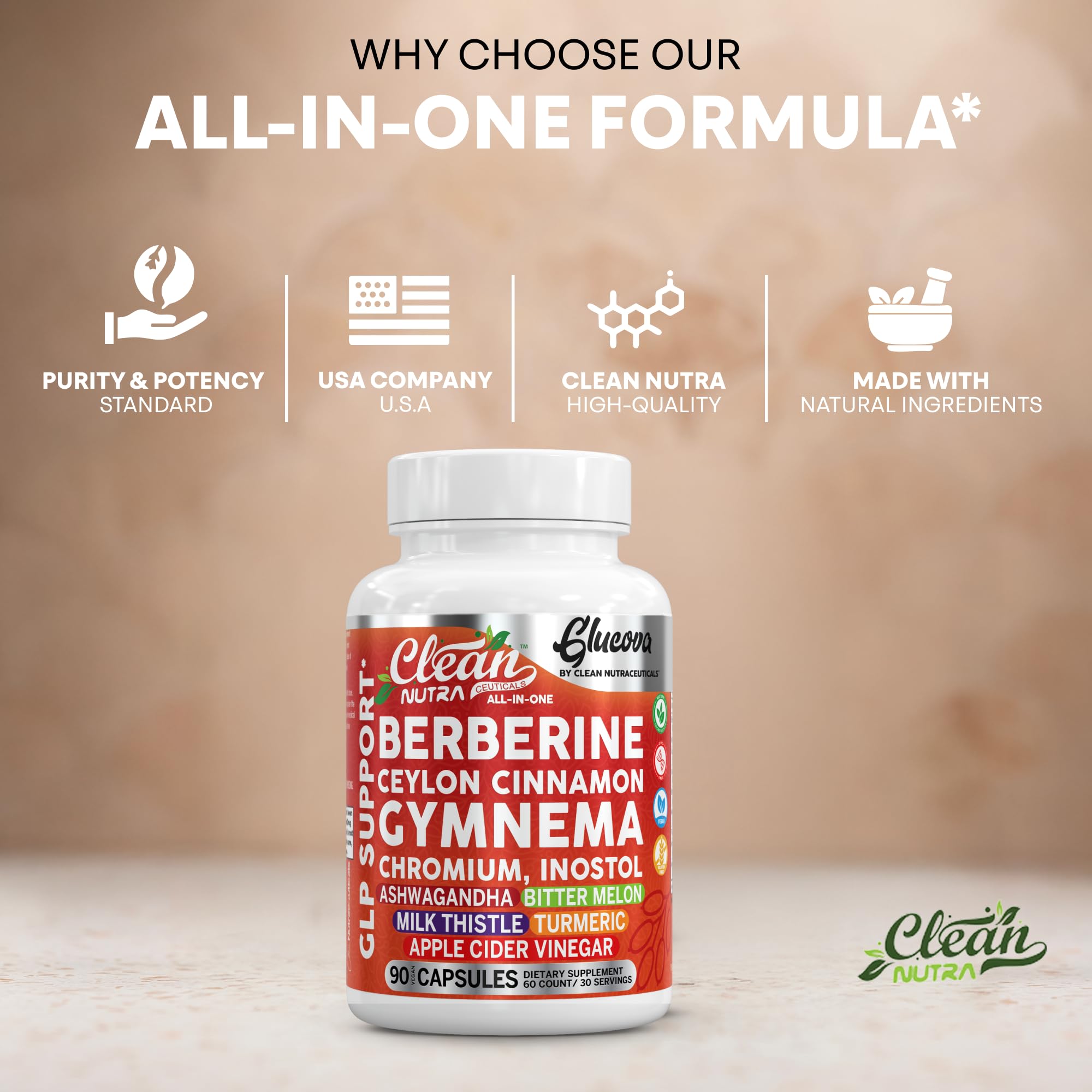 Clean Nutra Glucova gut-health scene with fresh foods.