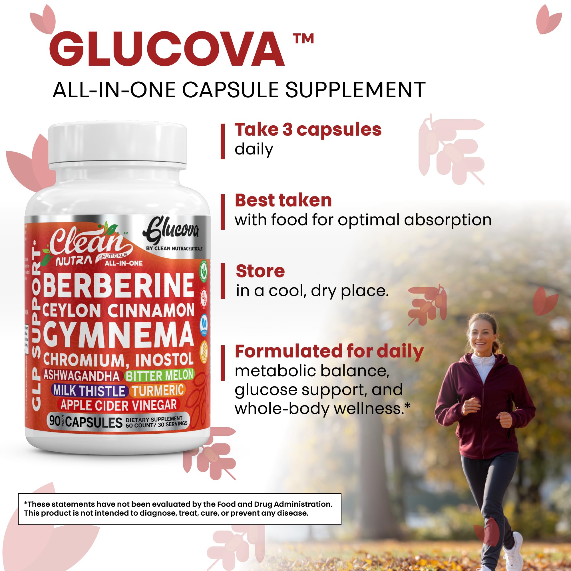 Clean Nutra Glucova ingredient list card shows berberine and cinnamon.